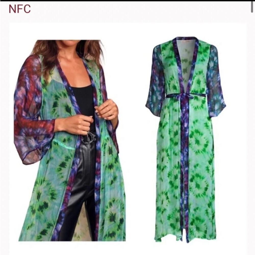 REVOLVE Green & Blue Tie-Dye Long Trench Kimono